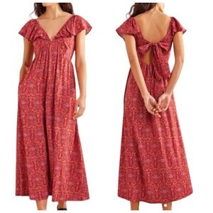 NWT size‎ 10R Boden Tie Back Jersey Maxi Dress Poinsettia Exotic Tile Ruffle Red